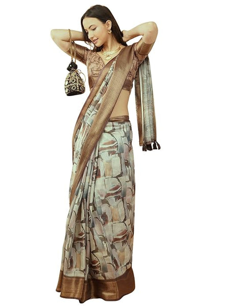 Vasthrlay Cream Brown Geometric Print Polyester Saree With Dull Gold Zari Border And Unstitched Blouse Piece
