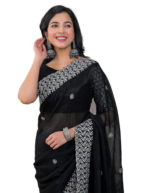 Vasthrlay Embroidery Scalloped Black Saree With Unstitched Blouse Piece