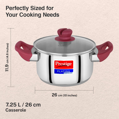 Prestige Platina Popular Stainless Steel Casserole with Glass Lid