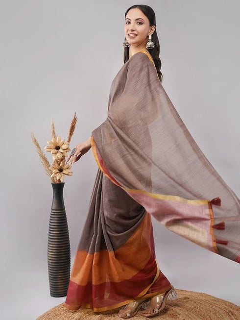 Vasthrlay Brown Women'S Blue And White Chevron Printed Linen Saree