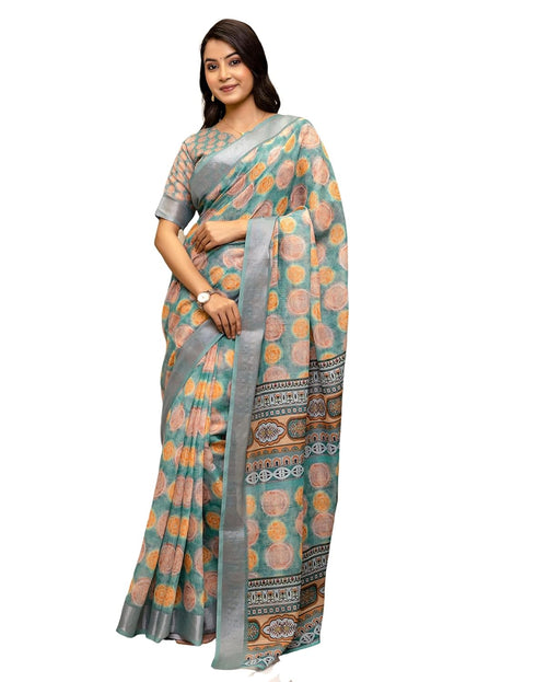 Vasthrlay Womens Cotton Unstitched Teal Saree