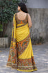 Vasthrlay Kalamkari Printed Yellow Saree with Border Cotton-Linen Blend Traditional Folk Art Motifs