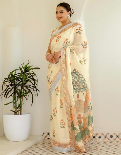 Vasthrlay Womens Printed Unstitched Off White Saree