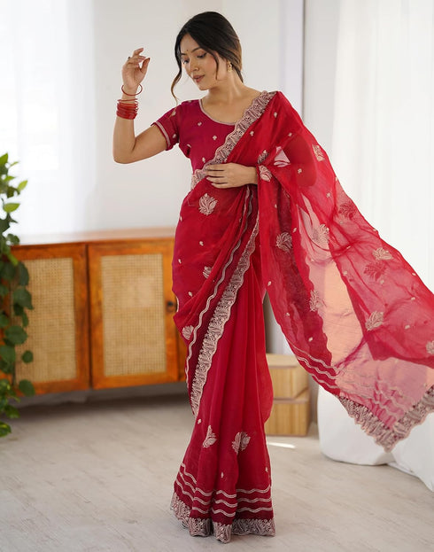 Vasthrlay Sequins Embroidery Red Saree