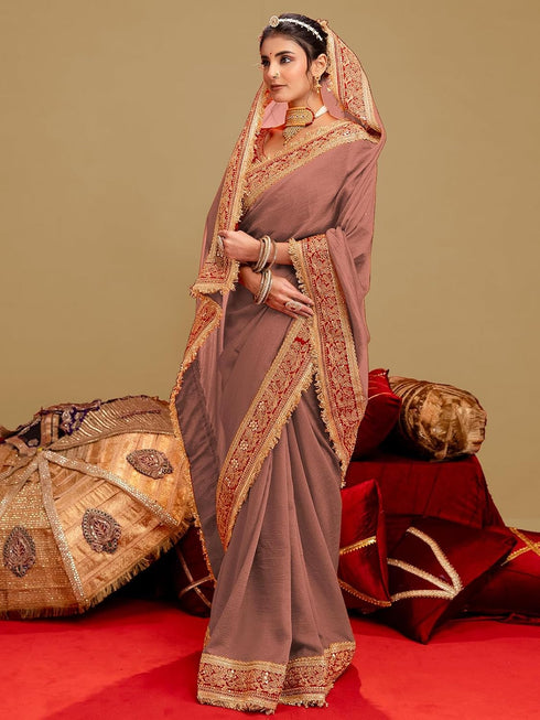 Vasthrlay Vichitra Embroidery Unstitched Red Saree