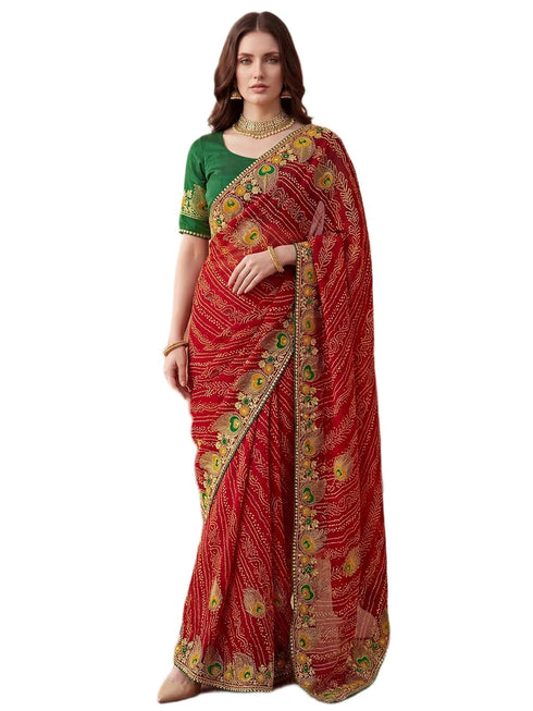 Vasthrlay Georgette Embroidery Unstitched Red Saree