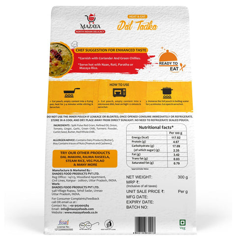 MAZAYA Heat & Eat Fully Cooked Ready To Eat Dal Tadka Masala (Veg)
