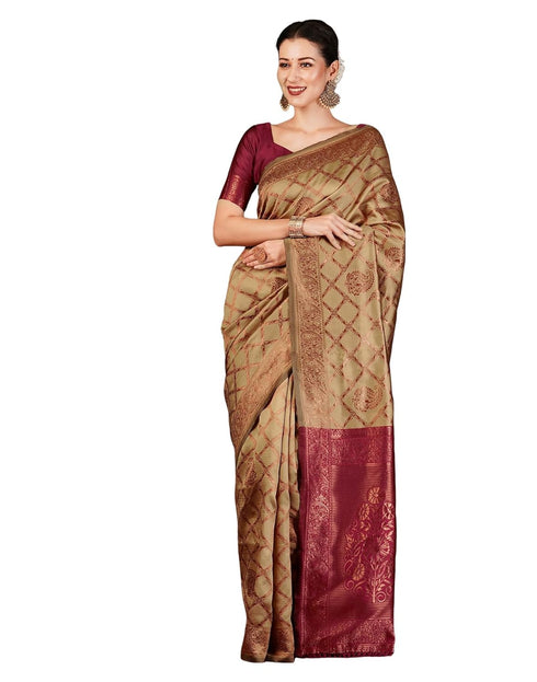 Vasthrlay Banarasi Kanjeevaram Unstitched Beige Saree
