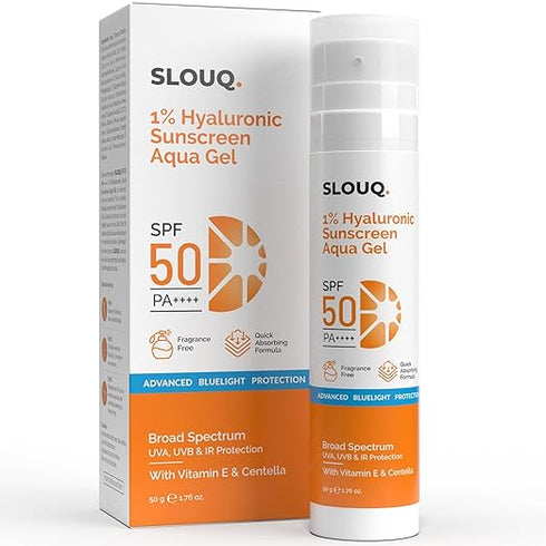 Slouq 1% Hyaluronic Sunscreen Aqua Ultra Light Gel with SPF 50 PA++++ For Broad Spectrum, UVA, UVB,IR & Blue Light Protection