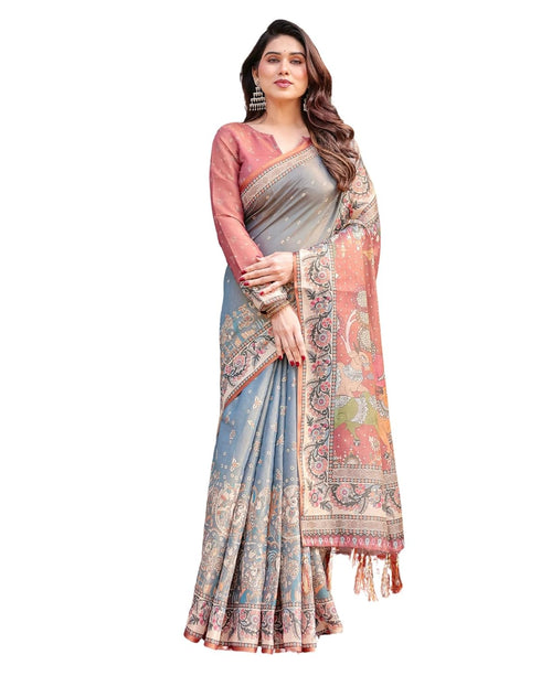 Vasthrlay Traditional Off White Grey Pink Saree