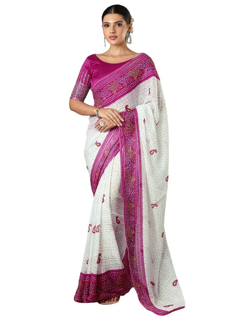 Vasthrlay Georgette Bandhani White And Pink Saree With Unstitched Blouse Piece