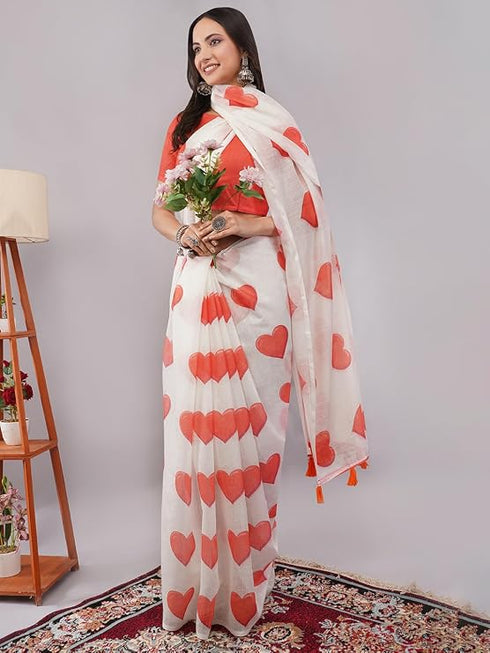 Vasthrlay White Printed Linen Saree With Unstitched Blouse Piece