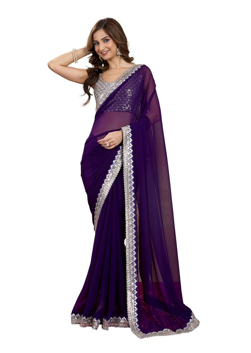 Vasthrlay Georgette Embroidery Unstitched Purple Ethnic Wear