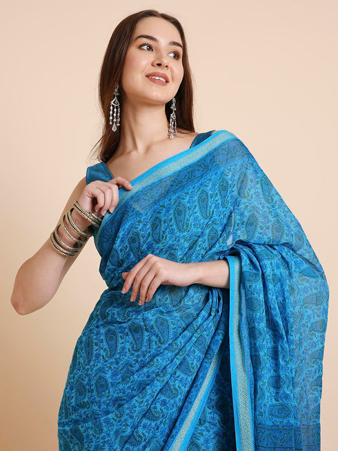 Vasthrlay Cotton Printed Mulmul Blue Saree