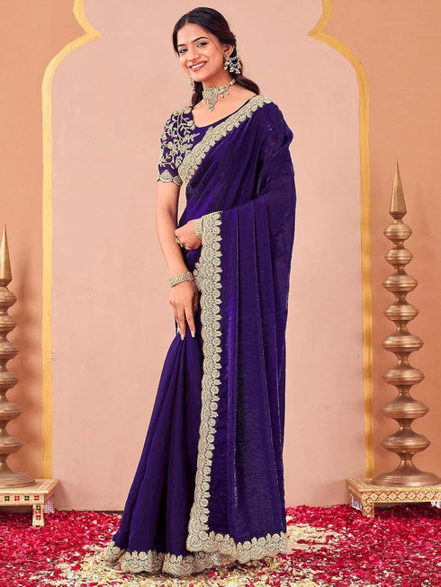 Vasthrlay Sequins Embroidery Unstitched Purple Saree