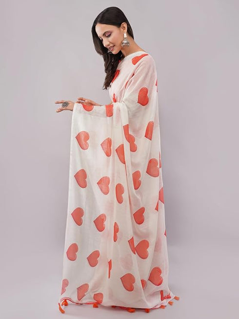 Vasthrlay White Printed Linen Saree With Unstitched Blouse Piece