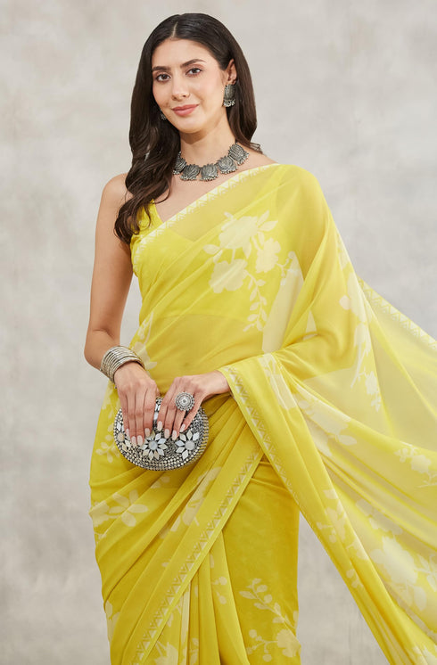 Vasthrlay Yellow Georgette Printed Saree