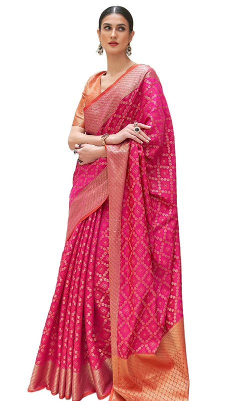Vasthrlay Patola Silk Saree | Rani Pink, Ready Pleated with Unstitched Blouse Piece