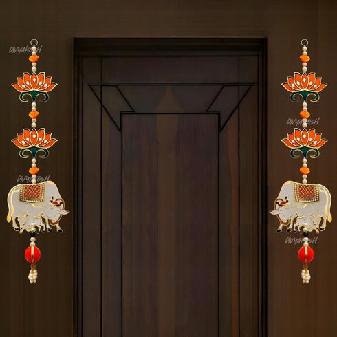 Mandir Door Decorations Hanging | Orange Lotus with Cow Calf Latkan