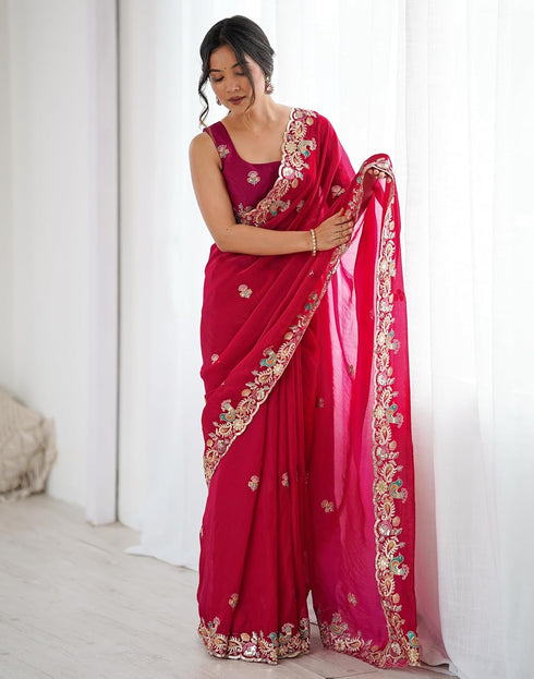 Vasthrlay Scalloped Embroidery Unstitched Red Saree