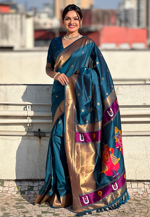 Vasthrlay Kanjivaram Paithani Unstitched Mahendi Ethnic Wear
