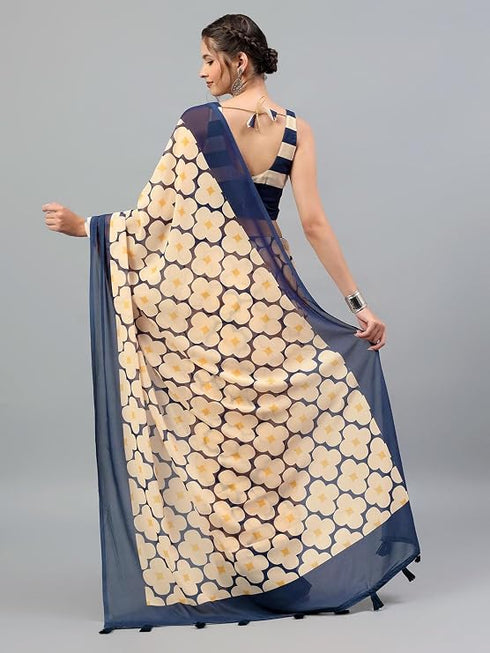 Vasthrlay Peach Brown Faux Georgette Ethnic Geometric Printed Saree With Unstitched Blouse