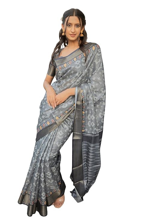 Vasthrlay Grey Slate Abstract Floral Polyester Saree With Zari Border And Ruched Unstitched Blouse Piece