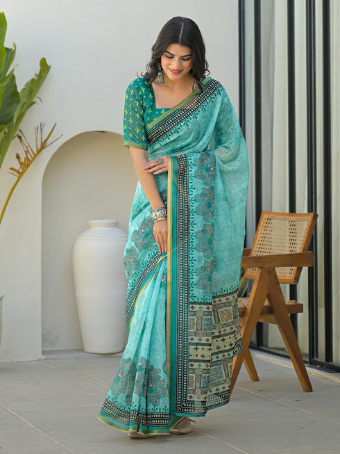 Vasthrlay Bandhani Embroidery Brown Saree With Light Brown Unstitched Blouse Piece