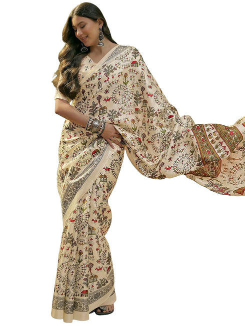 Vasthrlay Womens Printed Unstitched Beige Saree