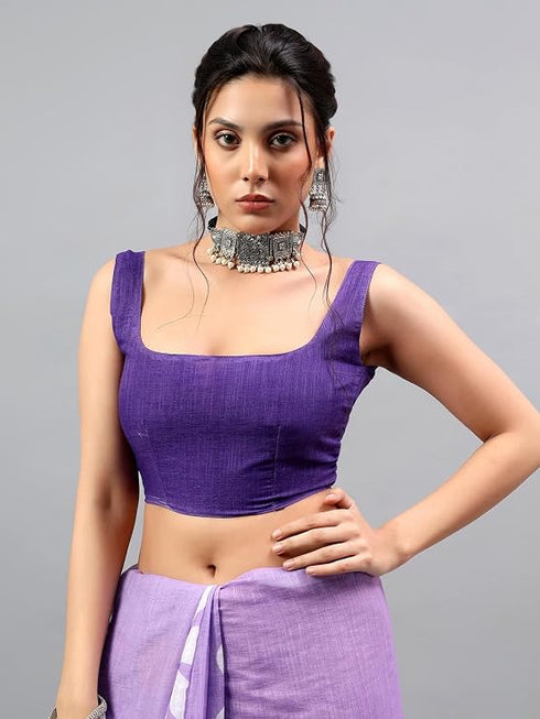 Vasthrlay Purple Linen Floral Printed Saree With Solid Unstitched Linen Blouse Piece