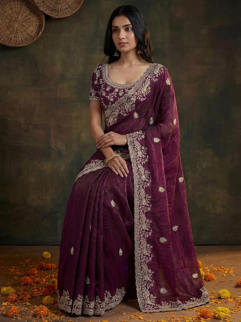 Vasthrlay Scalloped Embroidery Unstitched Dark Green Saree