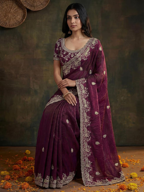 Vasthrlay Scalloped Embroidery Wine And Gold Green Saree With Unstitched Blouse Piece