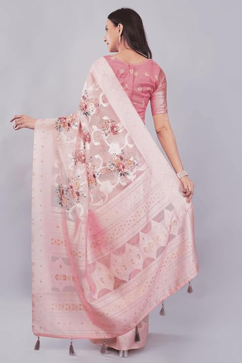 Vasthrlay Pink Floral Print Chanderi Silk Blend Saree With Unstitched Blouse Piece