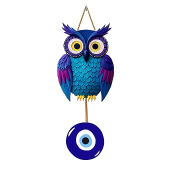 Blue Owl with Evil Eye Charm MDF Home Wall Decor MDF Wall Hanging