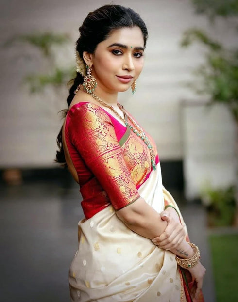 Vasthrlay Banarasi Jacquard Unstitched Beige Saree