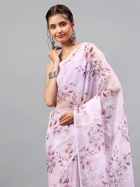 Vasthrlay Purple Sheer Floral Printed Art Chiffon Saree With Unstitched Blouse