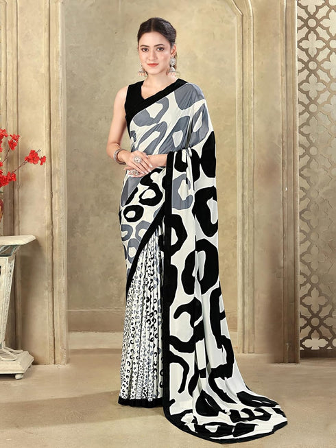 Vasthrlay Womens Printed Off-White Saree With Unstitched Blouse Piece