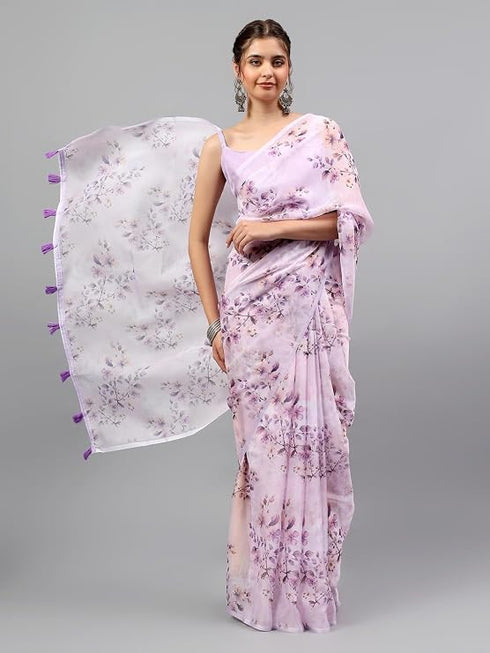 Vasthrlay Purple Sheer Floral Printed Art Chiffon Saree With Unstitched Blouse