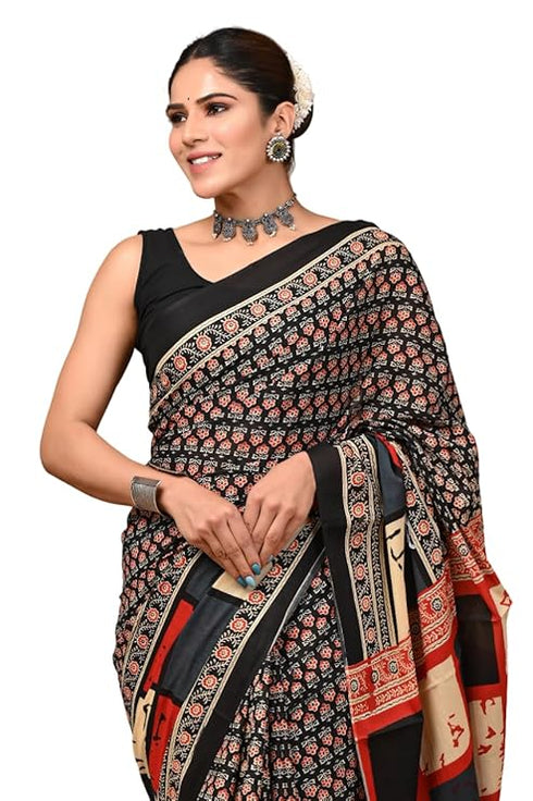 Crafts Moda Hand Block Ajrakh Print Cotton Saree For Women With Blouse