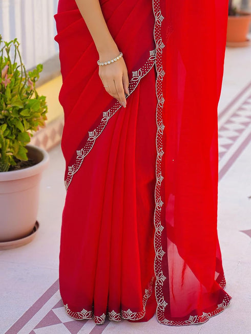 Vasthrlay Scalloped Embroidery Yellow Saree