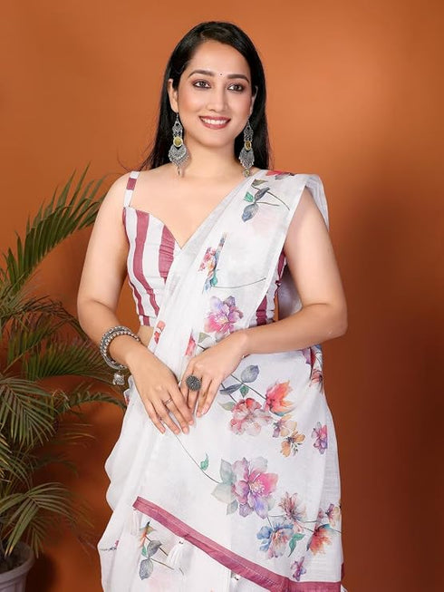 Vasthrlay White Digital Print Linen Ready To Wear Saree