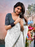 Vasthrlay Chanderi Printed Off White | Black Saree With Unstitched Blouse Piece