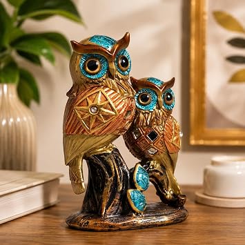 Decorative Owl Pair Figurine Showpiece Gold & Teal Resin Owl Statue Set with Geometric Design