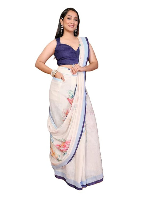 Vasthrlay Cream White Digital Print Linen Ready To Wear Saree For Women
