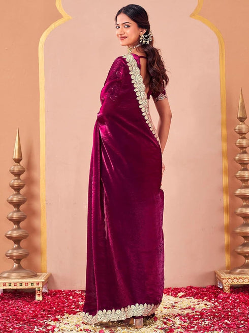 Vasthrlay Sequins Embroidery Unstitched Purple Saree