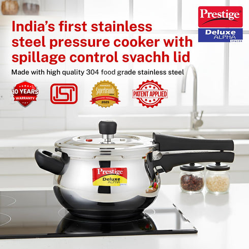 Prestige 3 Litre Stainless Steel Deluxe Alpha Svachh Outer Lid Pressure Cooker