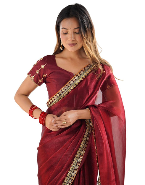 Vasthrlay Shimmer Chiffon Unstitched Maroon Saree