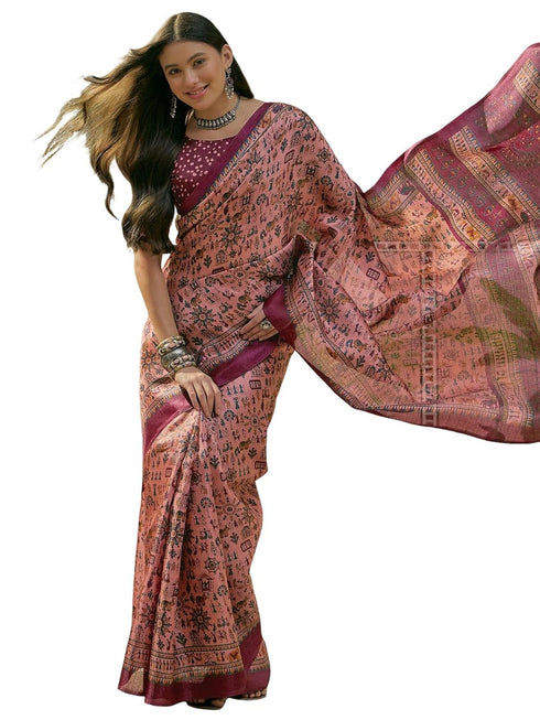 Vasthrlay Womens Printed Unstitched Beige Saree