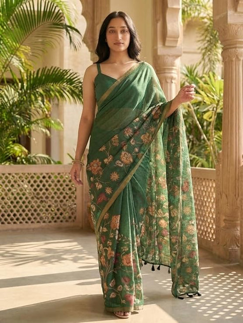 Vasthrlay Green Floral Linen Saree With Solid Black Unstitched Blouse