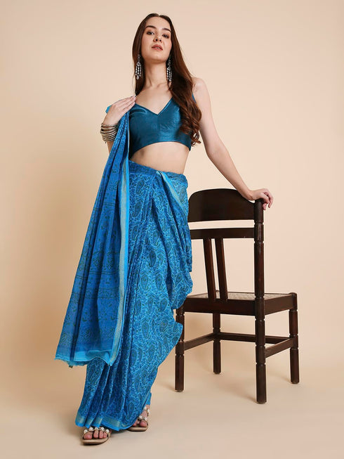 Vasthrlay Cotton Printed Mulmul Blue Saree